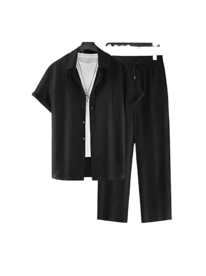 Men's Striped Short Sleeve Shirt and Drawstring Long Pants Casual Suit Set