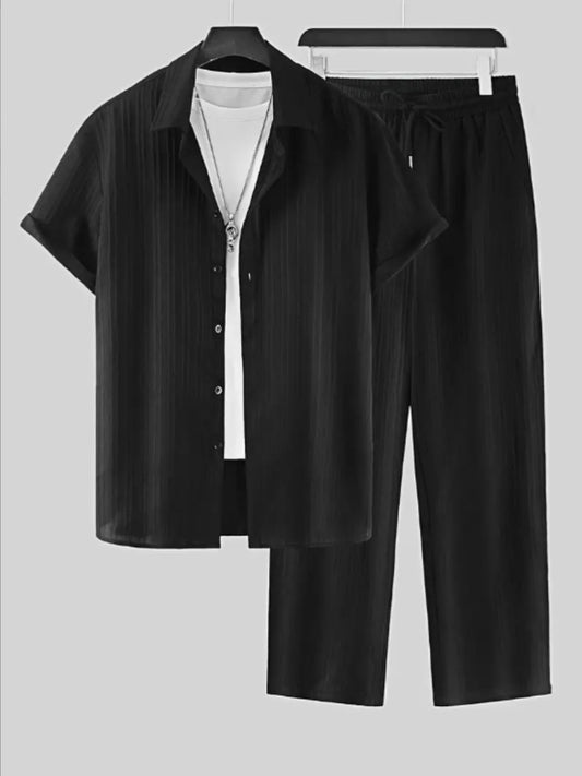 Men's Striped Short Sleeve Shirt and Pants Casual Suit