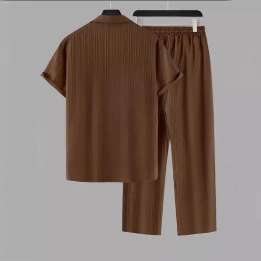Men's Striped Short Sleeve Shirt and Pants Casual Suit