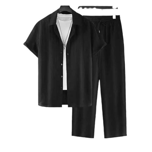 Men's Striped Short Sleeve Shirt and Pants Casual Suit