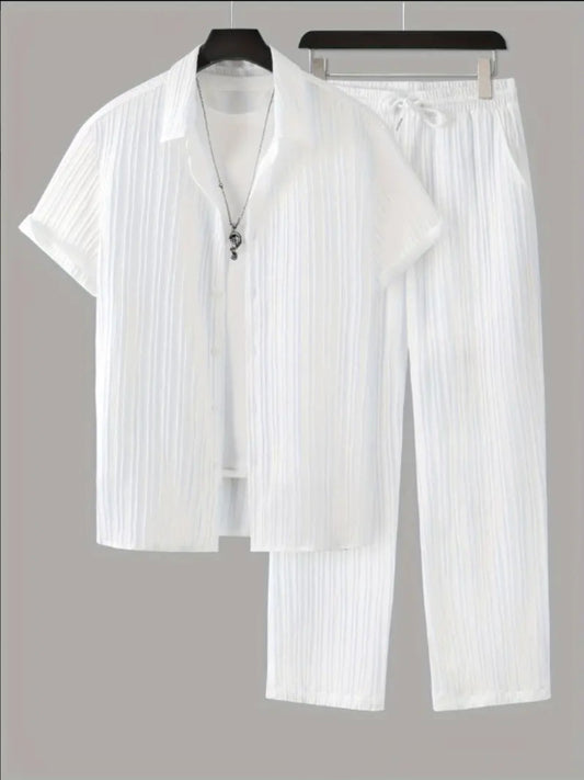 Men's Striped Short Sleeve Shirt and Pants Casual Suit