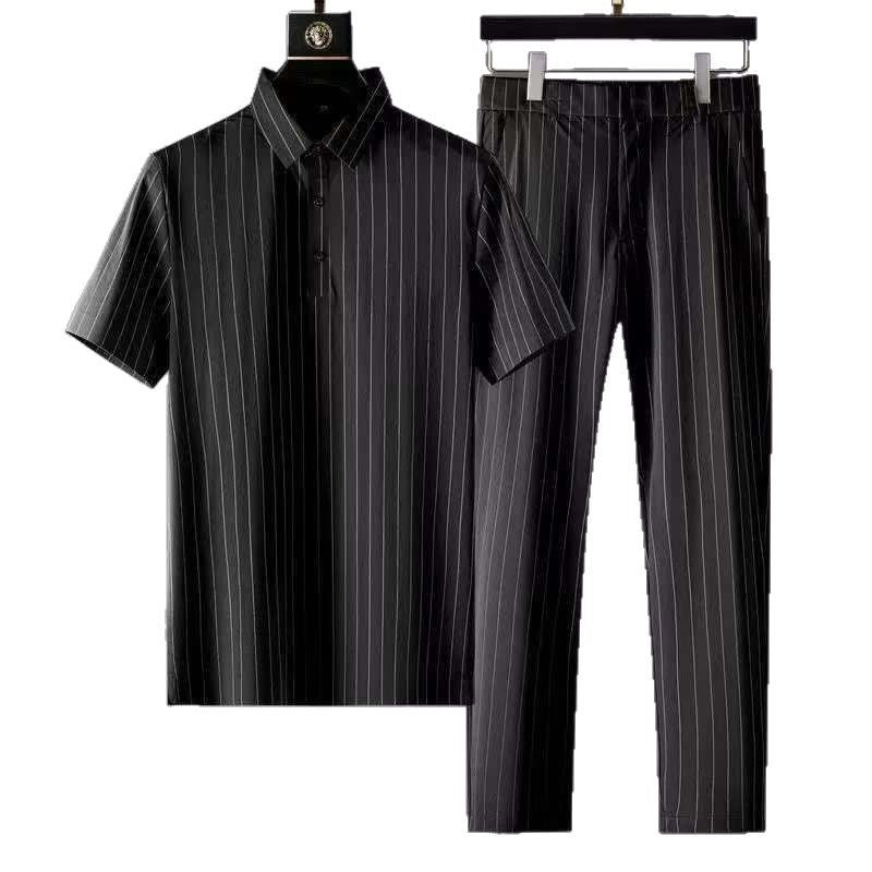 Men's Summer Business Casual Lightweight Polyester Short Sleeve Shirt and Pants Set