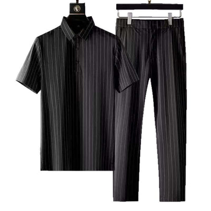 Men's Summer Business Casual Lightweight Polyester Short Sleeve Shirt and Pants Set