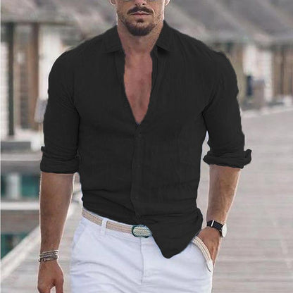 Men's Summer Cotton Linen Lapel Long Sleeve Shirt