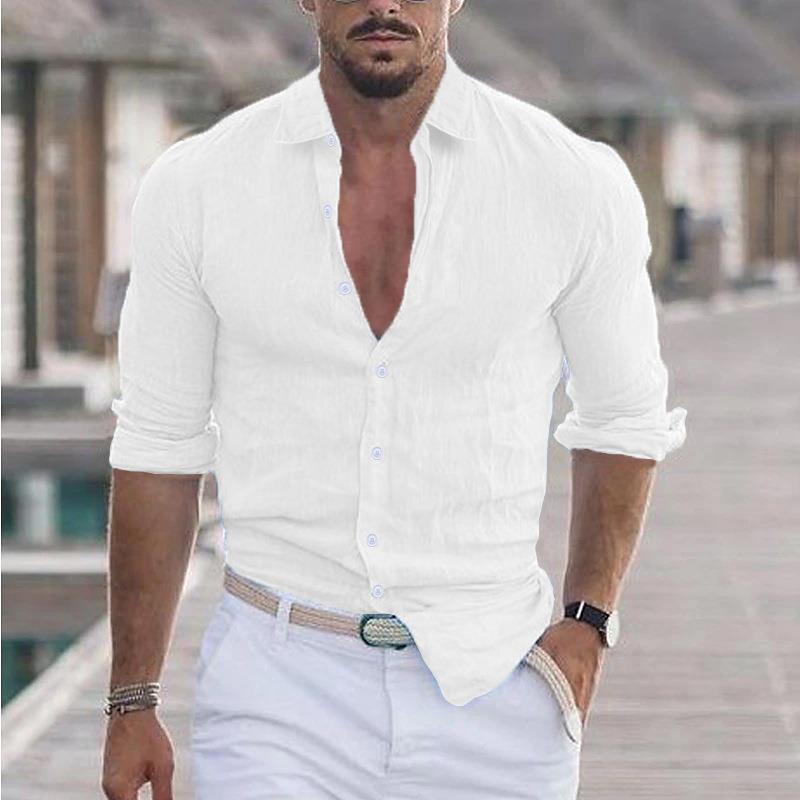 Men's Summer Cotton Linen Lapel Long Sleeve Shirt