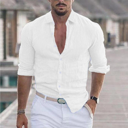 Men's Summer Cotton Linen Lapel Long Sleeve Shirt