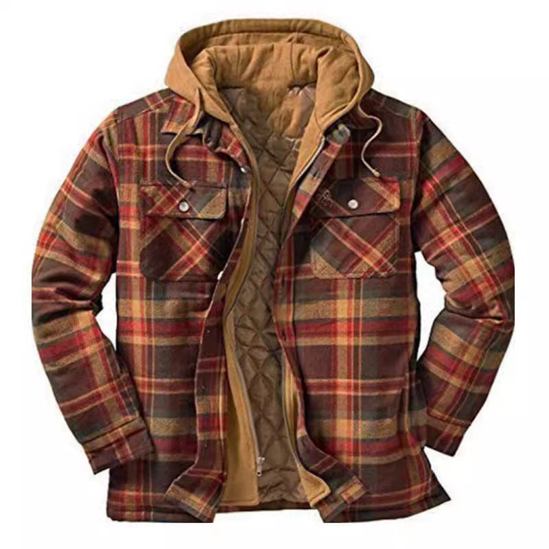 Men's Thickened Plaid Long Sleeve Loose Hooded Jacket