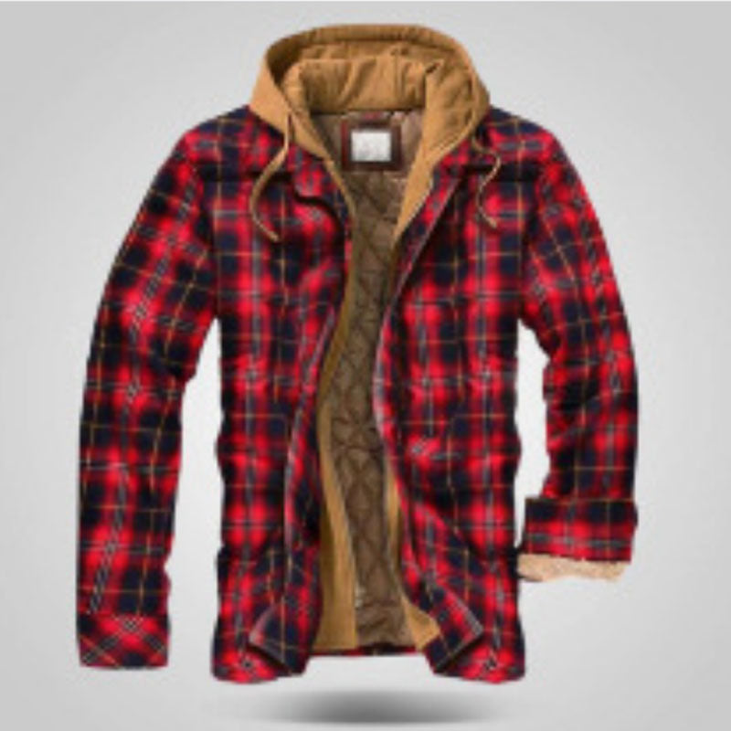 Men's Thickened Plaid Long Sleeve Loose Hooded Jacket