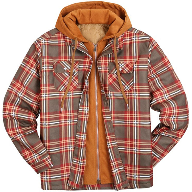 Men's Thickened Plaid Long Sleeve Loose Hooded Jacket