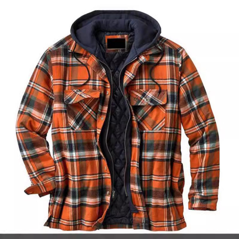 Men's Thickened Plaid Long Sleeve Loose Hooded Jacket