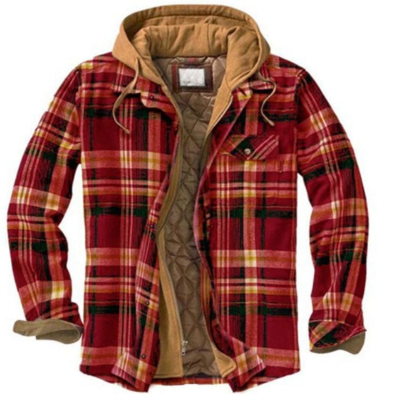 Men's Thickened Plaid Long Sleeve Loose Hooded Jacket