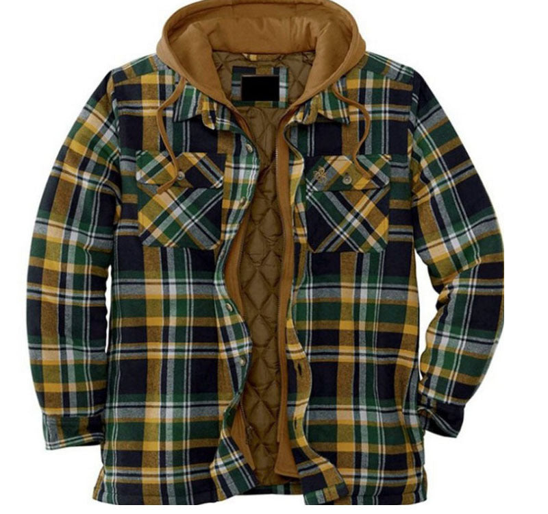 Men's Thickened Plaid Long Sleeve Loose Hooded Jacket