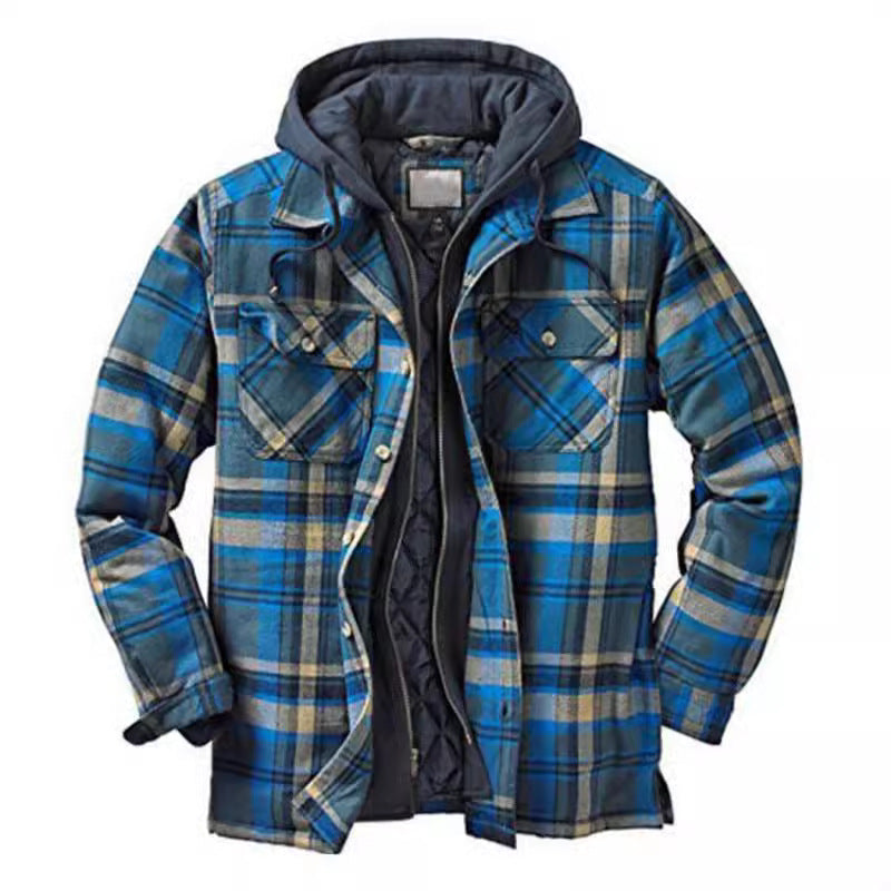 Men's Thickened Plaid Long Sleeve Loose Hooded Jacket