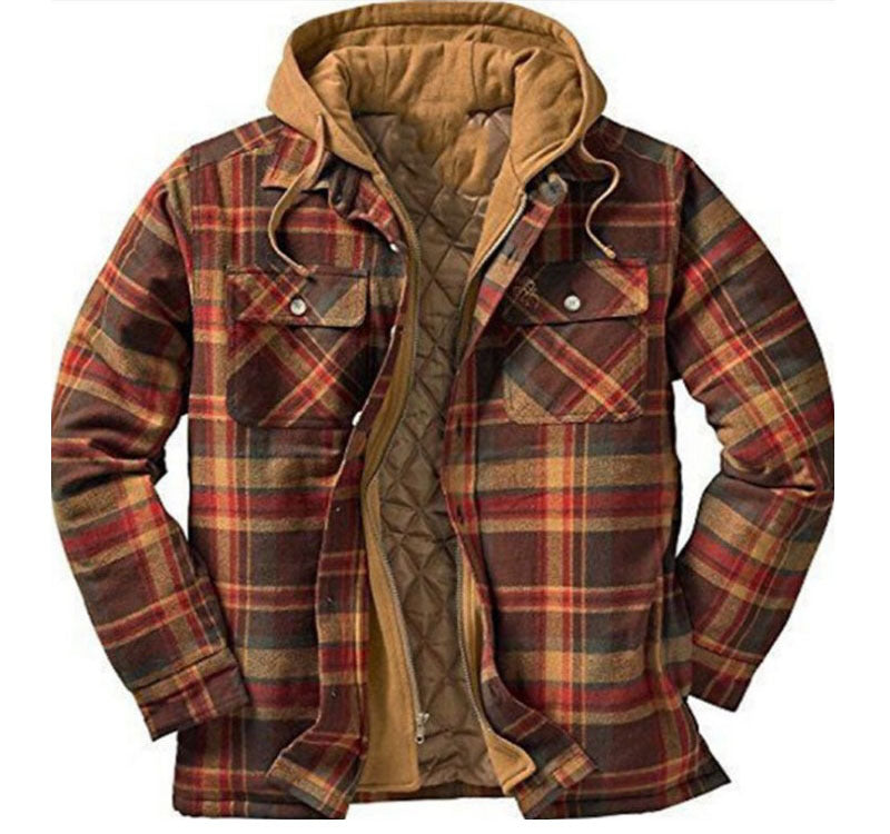 Men's Thickened Plaid Long Sleeve Loose Hooded Jacket