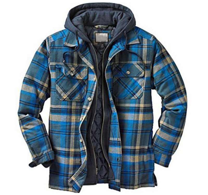 Men's Thickened Plaid Long Sleeve Loose Hooded Jacket