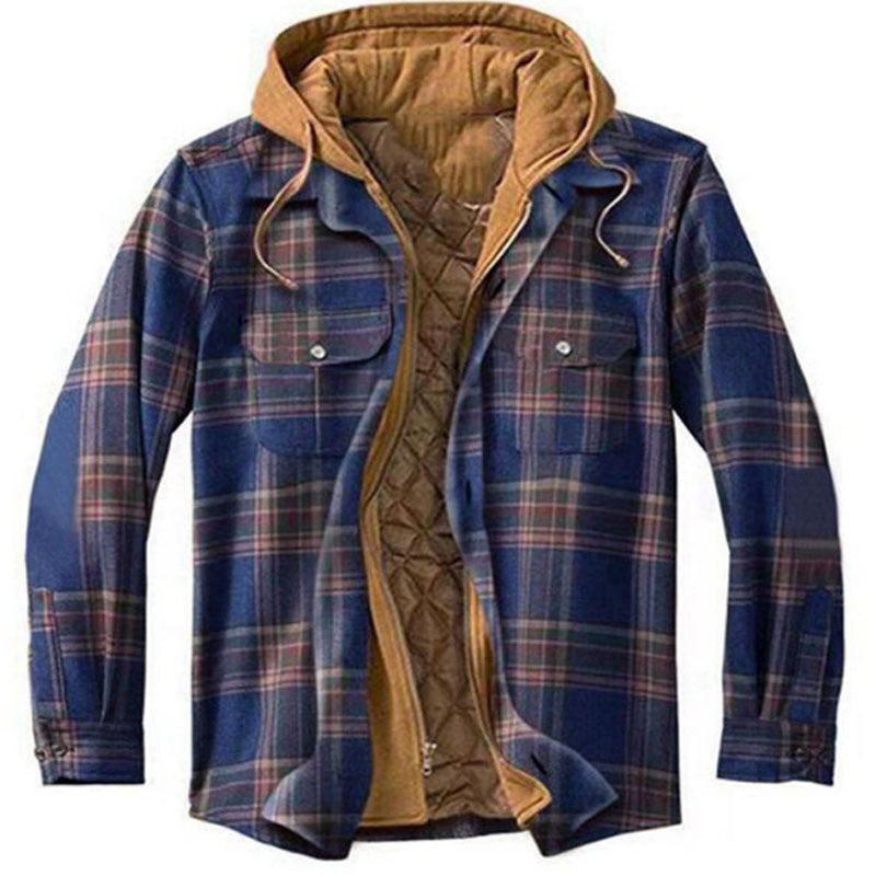 Men's Thickened Plaid Long Sleeve Loose Hooded Jacket