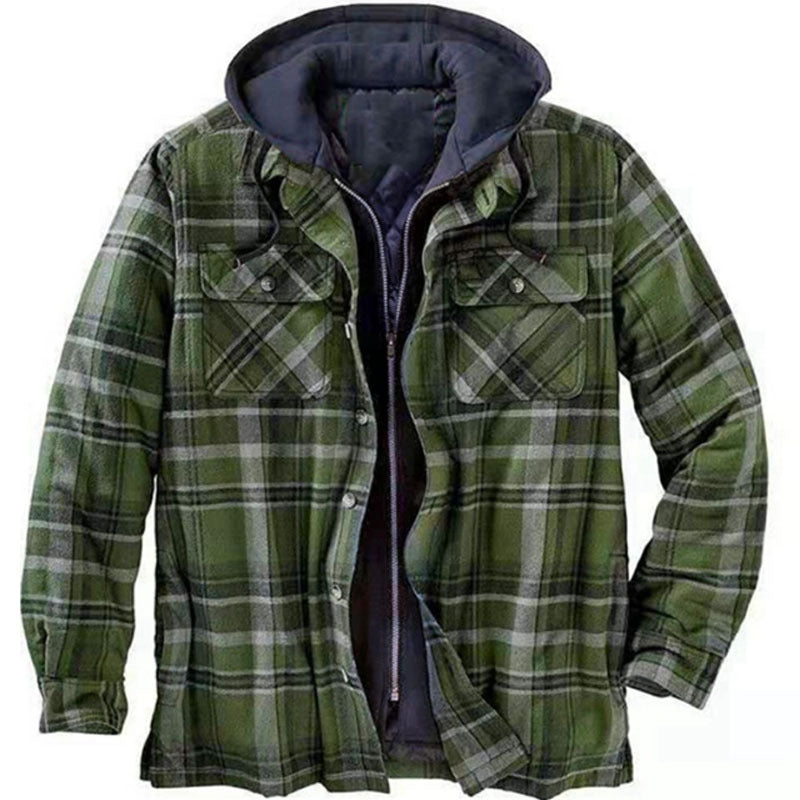 Men's Thickened Plaid Long Sleeve Loose Hooded Jacket