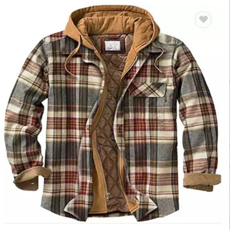 Men's Thickened Plaid Long Sleeve Loose Hooded Jacket