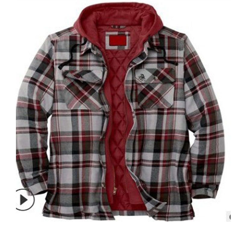 Men's Thickened Plaid Long Sleeve Loose Hooded Jacket