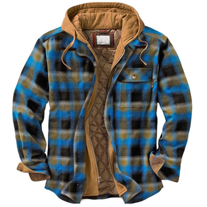 Men's Thickened Plaid Long Sleeve Loose Hooded Jacket