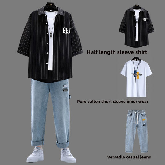 Men's three-piece short-sleeved shirt set