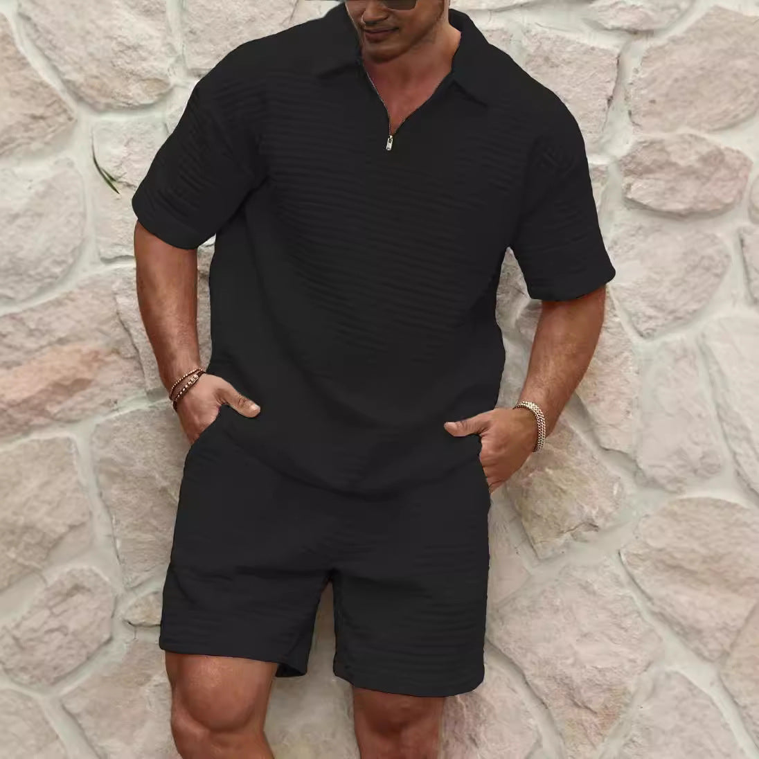 Men's Waffle Knit Polo Shirt and Shorts
