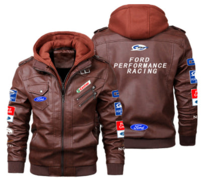 Men's Windproof PU Leather Jacket with Fleece Lining
