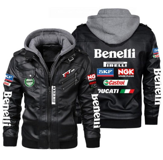 Men's Windproof PU Leather Jacket with Fleece Lining