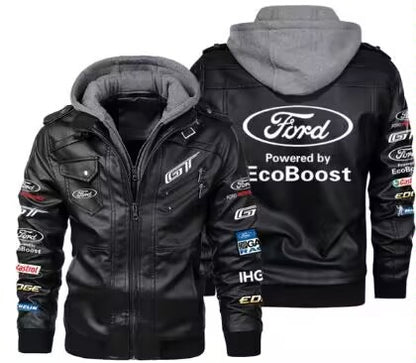 Men's Windproof PU Leather Jacket with Fleece Lining