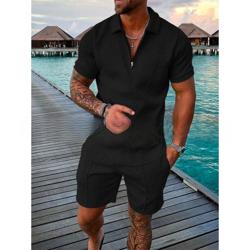 Men's Zipper Polo Shirt and Shorts Set