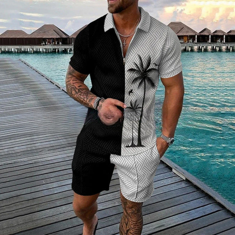 Men's Zipper Polo Shirt and Shorts Set