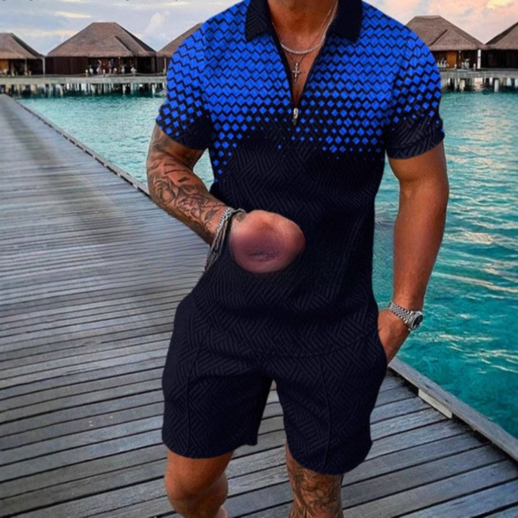 Men's Zipper Polo Shirt and Shorts Set