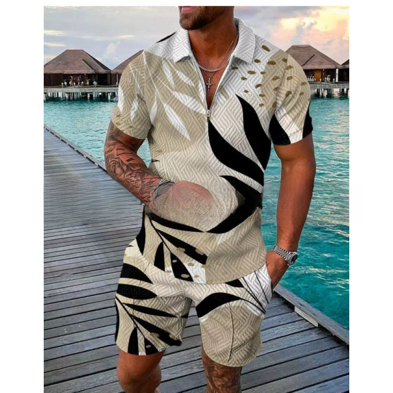 Men's Zipper Polo Shirt and Shorts Set