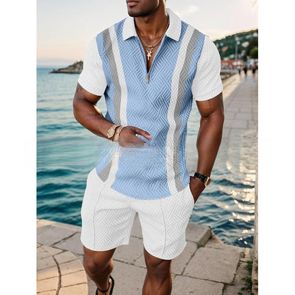 Men's Zipper Polo Shirt and Shorts Set
