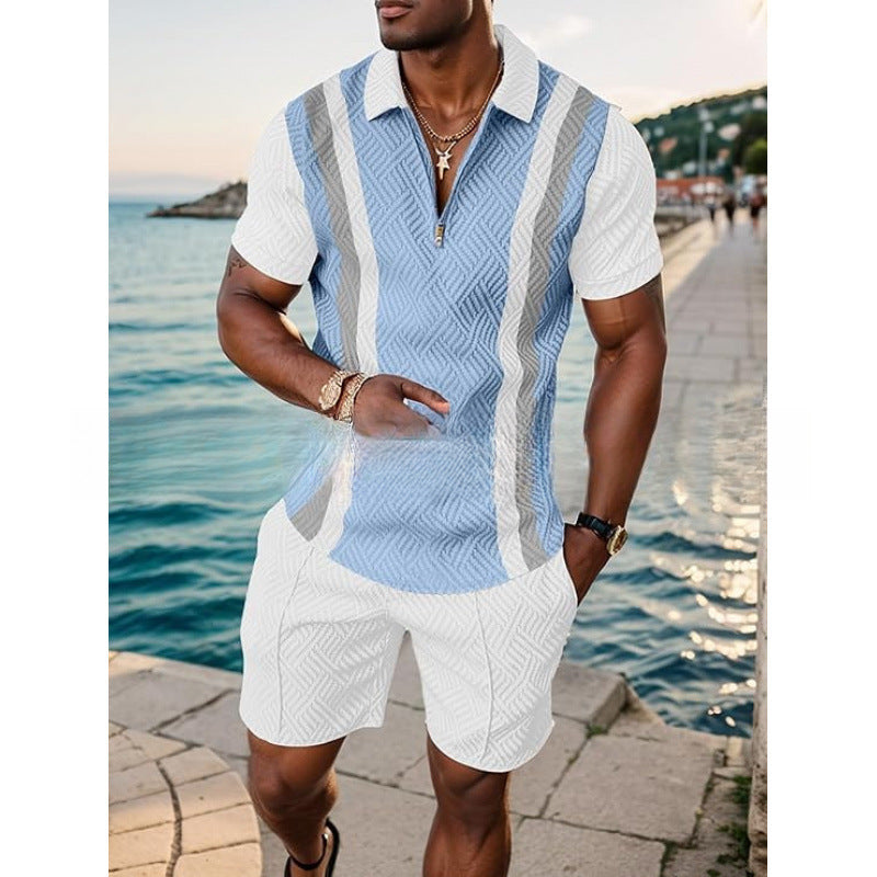 Men's Zipper Polo Shirt and Shorts Set