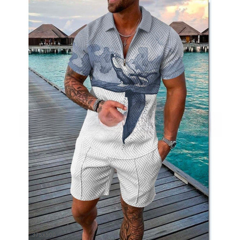 Men's Zipper Polo Shirt and Shorts Set