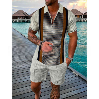 Men's Zipper Polo Shirt and Shorts Set