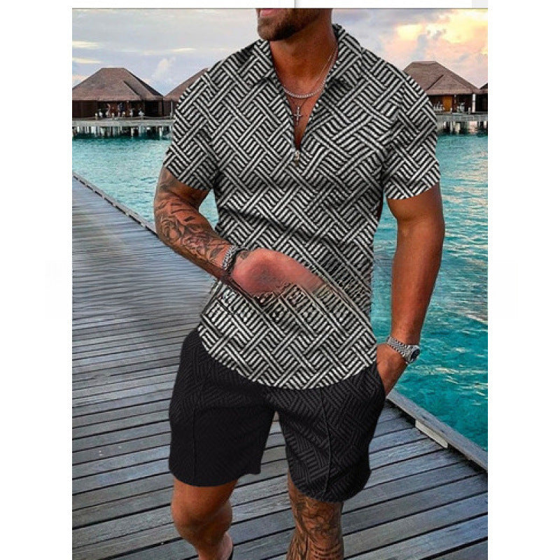 Men's Zipper Polo Shirt and Shorts Set