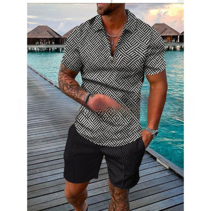 Men's Zipper Polo Shirt and Shorts Set