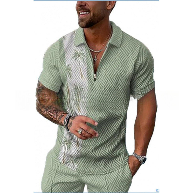 Men's Zipper Polo Shirt and Shorts Set