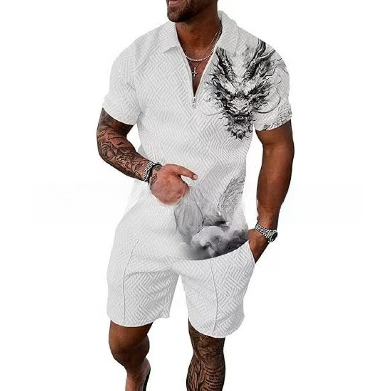 Men's Zipper Polo Shirt and Shorts Set