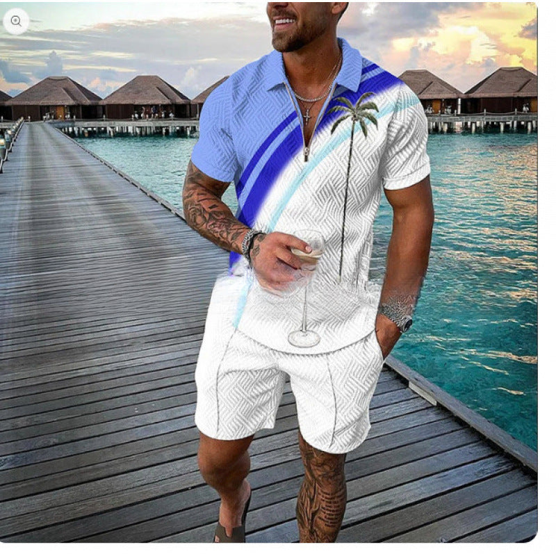 Men's Zipper Polo Shirt and Shorts Set