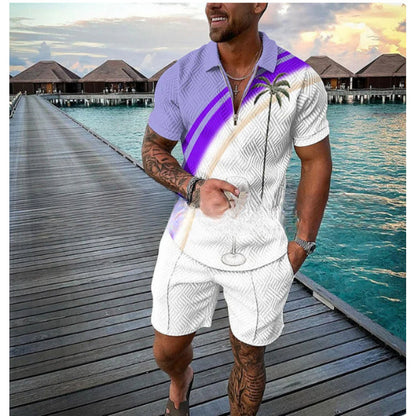 Men's Zipper Polo Shirt and Shorts Set