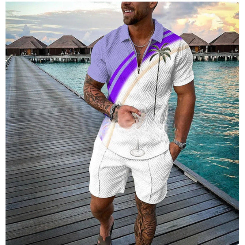 Men's Zipper Polo Shirt and Shorts Set