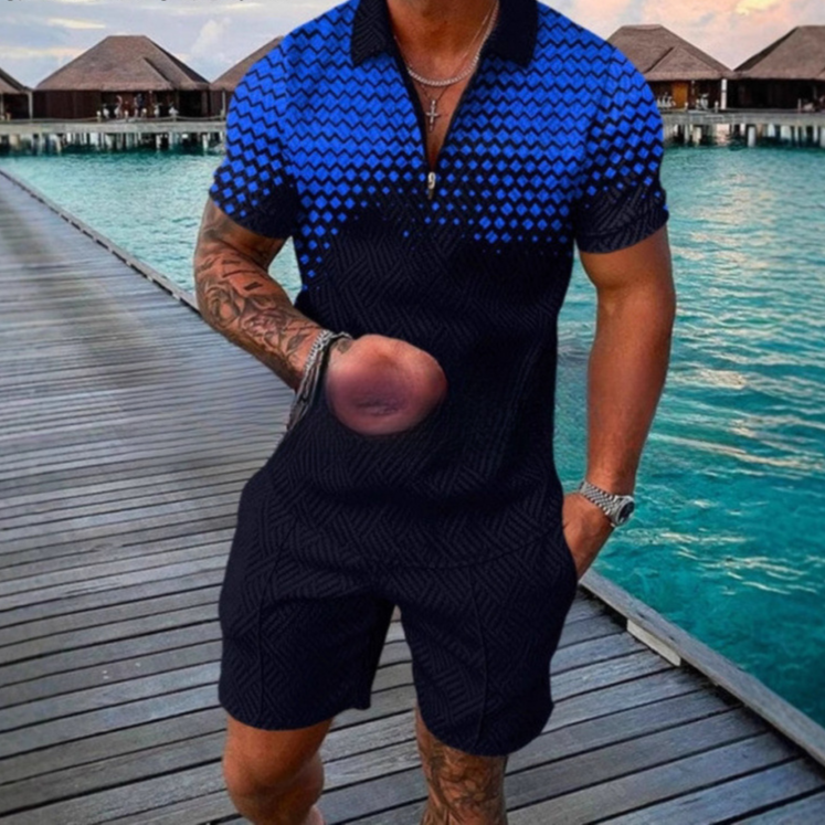 Men's Zipper Polo Shirt and Shorts Set
