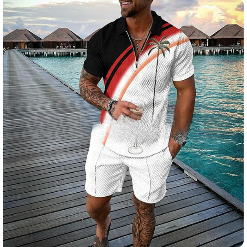 Men's Zipper Polo Shirt and Shorts Set