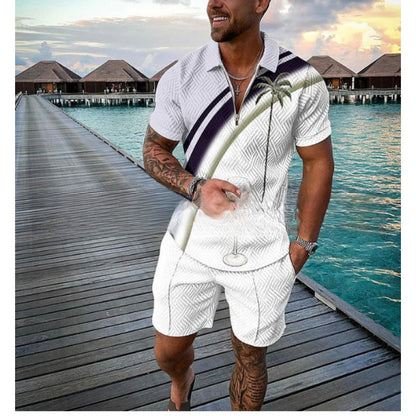 Men's Zipper Polo Shirt and Shorts Set