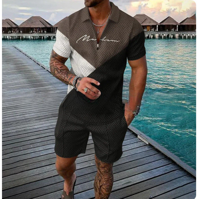 Men's Zipper Polo Shirt and Shorts Set