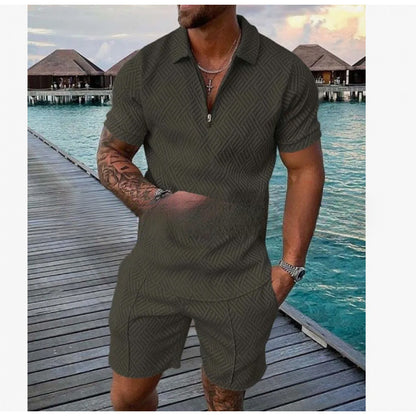 Men's Zipper Polo Shirt and Shorts Set