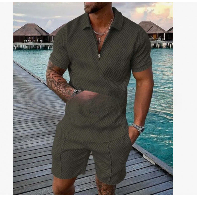 Men's Zipper Polo Shirt and Shorts Set